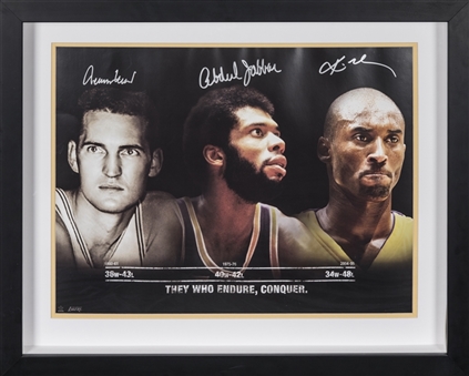 Jerry West, Kareem Abdul-Jabbar & Kobe Bryant Multi Signed "They Who Endure, Conquer" Poster In 30x25 Shadowbox Display (Abdul-Jabbar LOA & JSA)